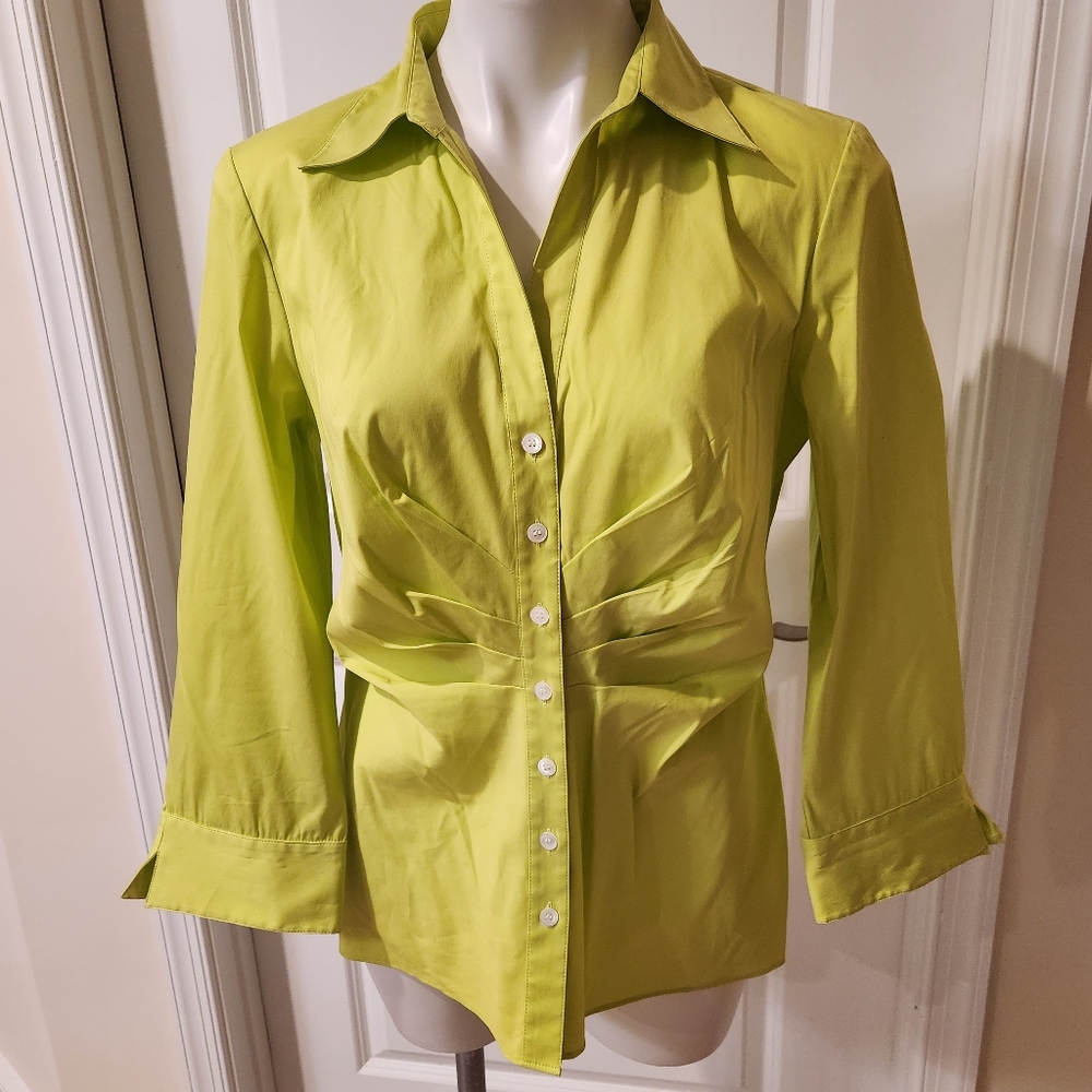 Lafayette 148 luxury button down green shirt size 10 with rouching